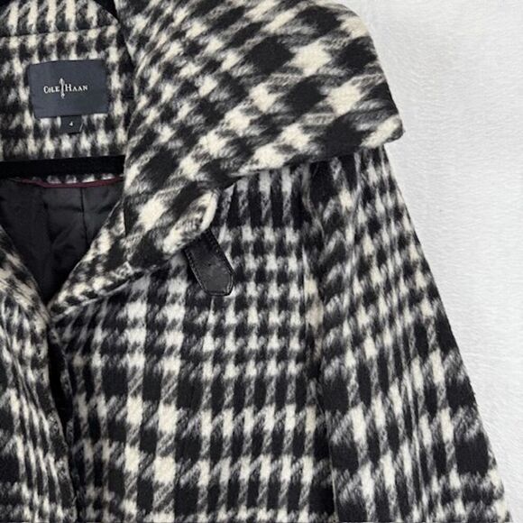 Cole Haan Houndstooth Cocoon Wool Blend Coat Black and White Size 4 - Picture 3 of 13